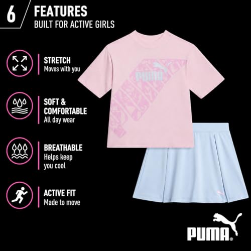 Image of PUMA Girls Athletic Skort Set - 2 Piece Workout Set Active Skirt with Shorts & Short Sleeve T-Shirt Girls Athletic Outfit