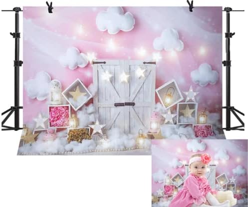 Sweet Pink and White Cloud Photo Studio Backdrop Girl First Birthday Baby Shower Party Decorations Twinkle Twinkle Little Stars Portrait Photography Background for Cake Smash,7x5ft