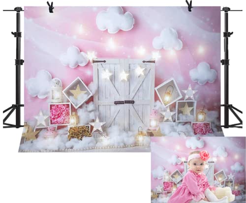 Sweet Pink And White Cloud Photo Studio Backdrop Girl First Birthday Baby Shower Party Decorations Twinkle Twinkle Little Stars Portrait Photography Background For Cake Smash,7X5Ft #TOP15