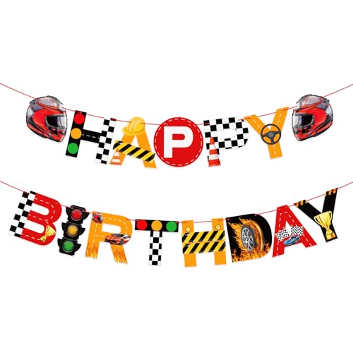 Image of Race Cars Happy Birthday Banner Race Car Birthday Party Decorations Racing Themed Banner for Boys Kids Baby Shower Supplies