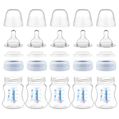 Maymom Wide-Mouth Milk Storage Feeding Collection Bottle with Nipple, Dome Cap, Bottle Top, SureSeal Sealing Disk; Compatible with Spectra Pump/Motif Luna; 5 pc (4.7Oz/140mL)