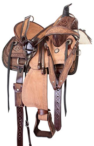 Acerugs Kids Quarter Horse Saddle Teal Pink Black Crystal Show Western Leather Barrel Racer Trail Tack Set Included (Brown Roping, 14") #TOP1