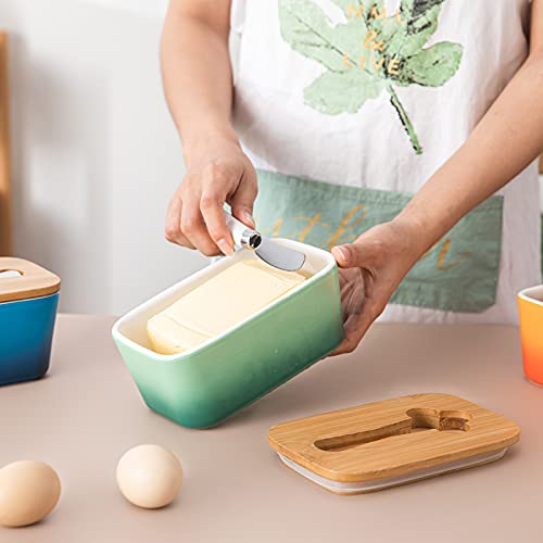 Porcelain Butter Dish With Knife & Wooden Lid, Candiicap Airtight Butter Keeper For Countertop, Large Butter Holder For East West Coast Butter(Avocado Green) #TOP5