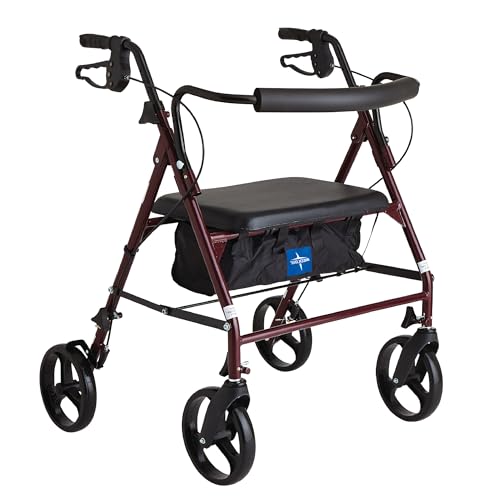 Medline Large Steel Bariatric Rollator Walker with Adjustable Handles, Padded Seat & Backrest, Burgundy, 500 lb. Weight Capacity, Foldable, Under Seat Storage, 8' Wheels, For Seniors & Adults
