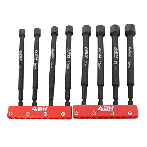 ABN Impact Nut Driver Tool Set - 8pc Metric 6 IN Long Shank Nut Driver Bits Magnetic Tip Sockets, 1/4 IN Hex Shank
