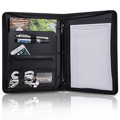Oowolf Padfolio Portfolio Folder, Pu Leather Professional With Round Ring Binder 8.5 X 11 Inch Writing Pad Tablet Sleeve Interview Resume Document Organizer Business Card Holder Zippered Closure #TOP6