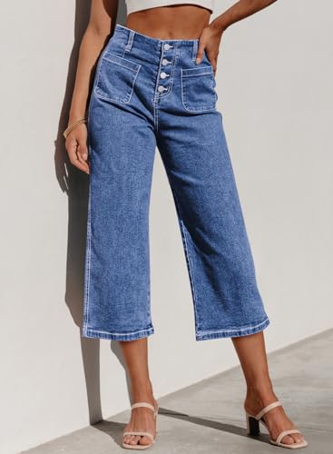 Sidefeel Women's Capri Pants Trendy Wide Leg Jeans High Waisted Stretchy Loose Cropped Denim Pants4