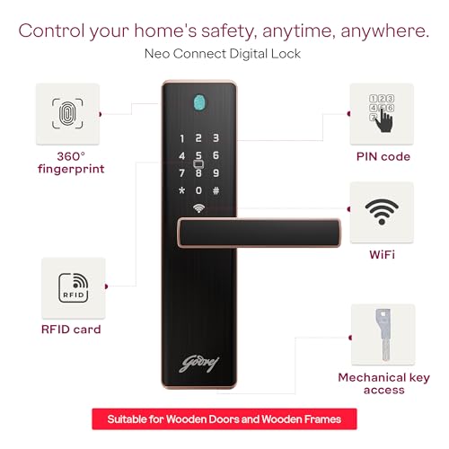 Image of Godrej Smart Lock | Neo Connect Digital Lock for Wooden Door| WiFi, Fingerprint, PIN, RFID Card, Mobile App, Mechanical Key| 5 in 1 Access | 3 Dead Bolts | Rose Gold | 3Yrs Warranty Free Installation*