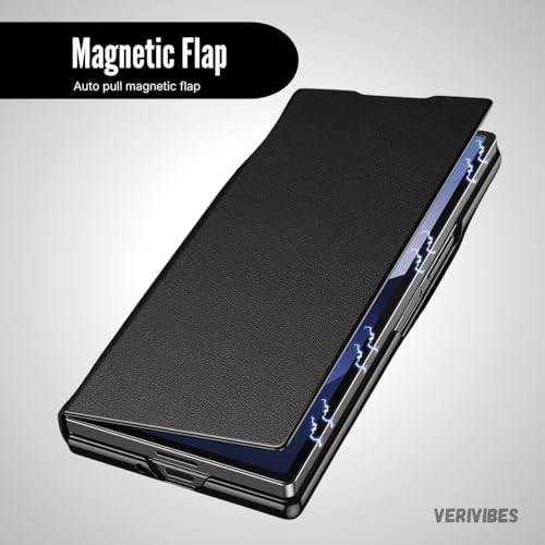 Image of Magnetic Flip Case Compatible with Samsung Galaxy Z Fold 5 | Premium Leather Finish | Multi-Angle Stand | Full Body & Hinge Protection | Slim Luxury Business Cover - Black