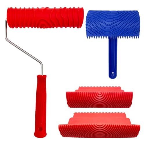 4-Pack Wood Grain Tool, Wood Graining Roller Painting Tool with Handle, Rubber Empaistic Wood Texture Painting Tool Set for DIY Wall Room Art Paint Decoration