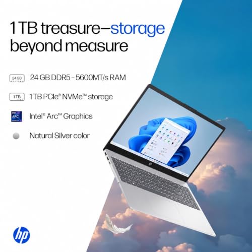Image of HP 15, Intel Core Ultra 5 125H (24GB DDR5, 1TB SSD) FHD, IPS, 15.6'' /39.6cm, Win11, M365 Basic(1yr)*Office24, Silver, 1.65kg, hr1004TU, Intel Arc Graphics, FHD Camera, FP Reador, AI Powered Laptop
