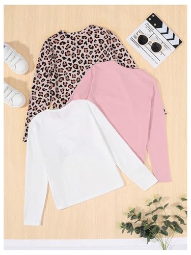 Image of SweatyRocks Girl's 3 Pack Cute Long Sleeve T Shirt Leopard Print Crew Neck Casual Tee Tops Multicolor 8Y