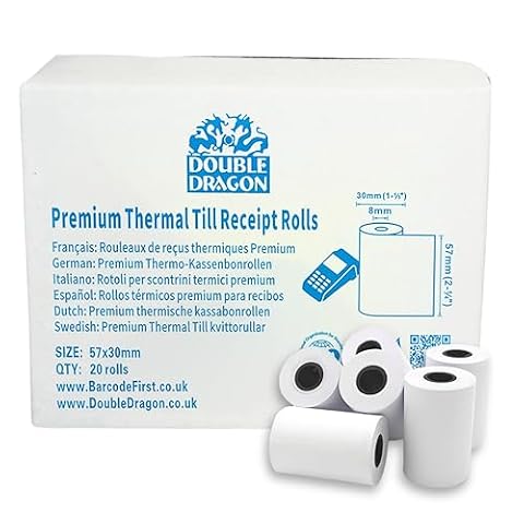 Double Dragon 57 x 30 mm Termiczne rolki do paragonów PDQ | Wolne od BPA | Kompatybilne z drukarkami SumUp, Ingenico, PayZone, Verifone, Clover, terminalami Zettle – 20 rolek