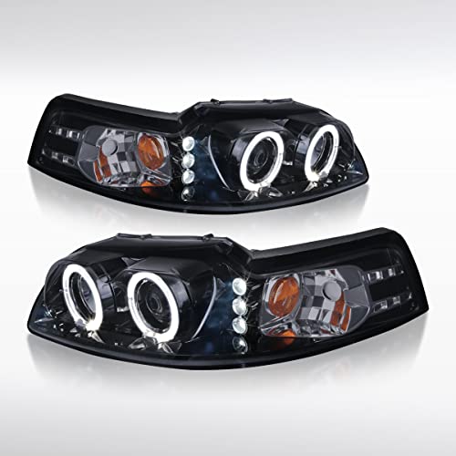 AUTOZENSATION Compatible with 1999-2004 Ford Mustang LED Halo Glossy Black Housing Smoke Lens Projector Headlights L + R Pair Headlamp