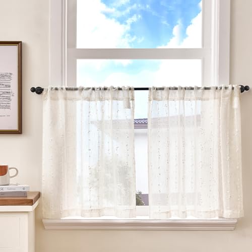 TOPICK Rideau Cuisine Voilage Brise Bise, Rideaux Court Lot de 2, avec Blanc Pois 65L x 60H(cm) Passe-Tringle, pour Placard Fenetre Salon sous Evier