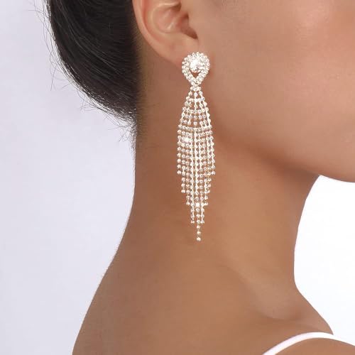 Denifery Gold Teardrop Crystal Dangle Earrings, Long Tassels, Sparkling Rhinestone Ladies Gifts, Bridal Wedding Jewelry2