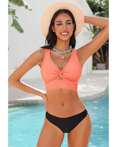 Image of GRAPENT Bikini Tops for Women Cropped StrapCore Tankini Tops Beach Padded Knot Twist Cut Out Adjustable Swimwear Top Only