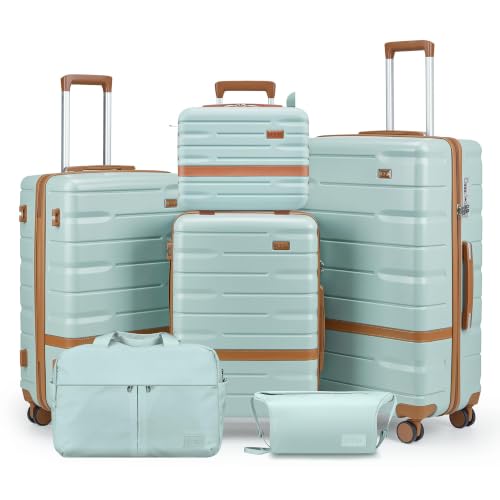 Image of NEISIA Luggage Sets with TSA Lock Hardside PC+ABS Carry On expandable Suitcase with Spinner Wheels Lightweight Rolling Travel Luggage Sets with YKK (Green(New), 6 piece sets(14 /20 /24 /28 /DB /TB))