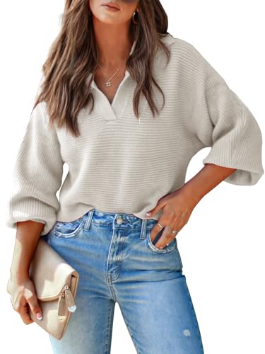 Mutitop Womens V Neck Oversized Sweater Collared Batwing Long Sleeve Ribbed Knit Pullover Casual Fall Chunky Sweater Top