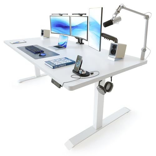 Image of FEZIBO 63 x 37 Inch Electric Standing Desk with Integrated Dual-Beam & Cable Management, Memory Height Adjustable Computer Desk for Home Office Workstation, 1 inch Thick Large 3-Piece Tabletop White