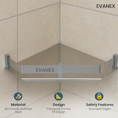 Image of EVANEX Corner Shelf for Bathroom Wall | 9x9 inch Bathroom Rack | 304 Stainless Steel Corner Shelf for Kitchen Bathroom | Diamond Shape Wall Mounted Storage Shelf | Bathroom Accessories Set