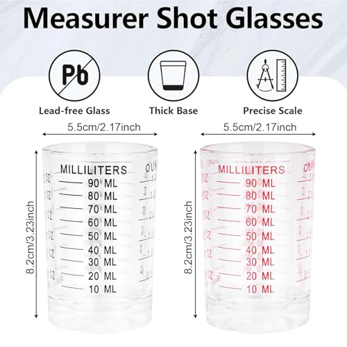 Lot de 2 verres doseurs 90 ml - Pour cocktail, doseur - Petit verre doseur en verre - Accessoire de cocktail - Pour cuisine, bar, fête, cocktail, tequila, vodka, café (noir, rouge) – Image 4