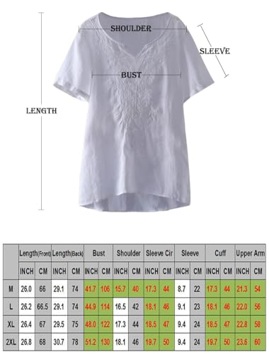 Minibee Women's Linen Shirts Summer Boho Tops Cotton Blouse V Neck Short Sleeve Embroidered Tunic4