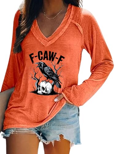 F-Caw-F Crow Shirt V Neck Long Sleeve Adult Humor T Shirts Black Crow Shirt Gothic Shirts for Women