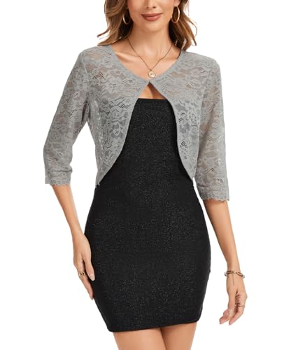 Image of MINTLIMIT Women's Elegant Floral Lace Shrug Bolero Summer Lightweight 3 /4 Sleeve Hook Open Front Cropped Cardigan for Dresses