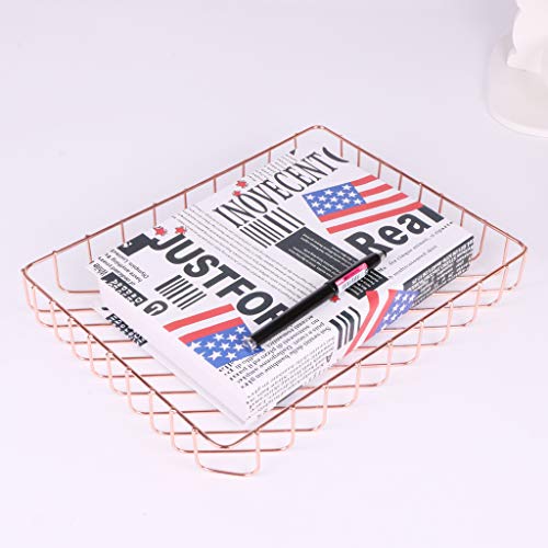 Fvstar Rose Gold File Tray Wire Iron Elegant Letter Size Desk Documents Tray Large Capacity Tabletop Magazine Files Storage Basket Organizer Bins For Home Office Pantry Bedroom,12.5" X 9.4" X 1.9" #TOP3
