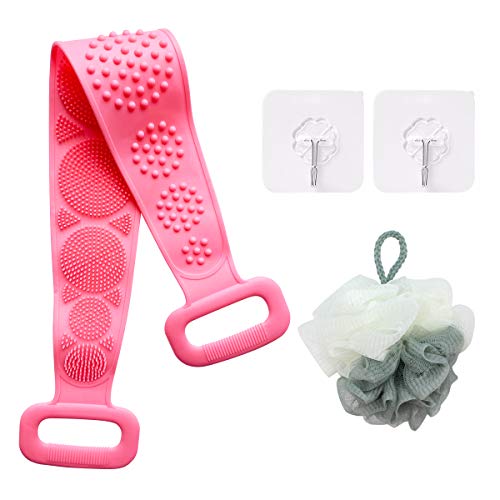 Silicone Back Scrubber for Shower, Exfoliating Body Scrubber, Silicone Bath Body Brush Lengthen Back Cleaning Shower Strap, Deep Clean Massage Back with 1 loofah sponge + 2 hooks