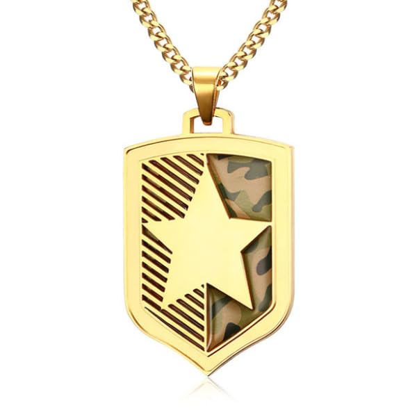 Collier homme acier inoxydable finition premium pendentif bouclier camouflage gravé étoile