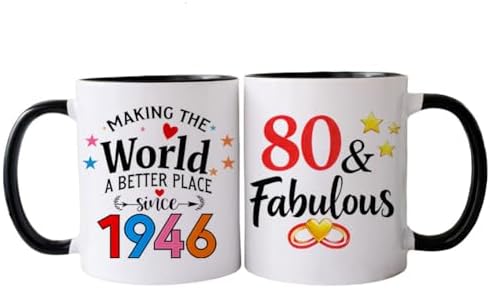 PEJAFAN 1946 80th Birthday Gifts For Women Coffee Mugs, 80 year old Birthday Gift Ideas for Women Her Man, Dad, Husband, 80th Birthday Cups Black White 11oz (80)