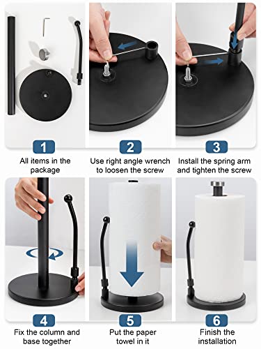 SMARTAKE Paper Towel Holder, Paper Towel Dispenser Standing Weighted Base Non Slip, Spring Arm Fit Most Size Paper Roll, Stainless Steel Paper Towel Holder for Home Kitchen Countertop Tabletop, Black