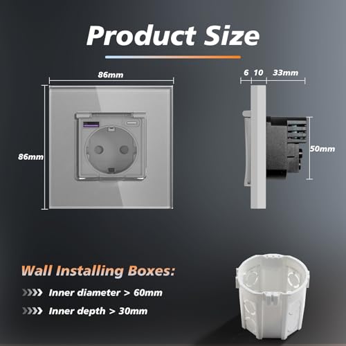 BSEED Unterputz Steckdose mit 20W USB und Typ C Port, Glas Wandsteckdose mit Wasserdicht Abdeckung Ideal f&uuml;r Feuchtr&auml;ume Outdoor und Indoor Verwendung, 86mm 1 Fach Grau