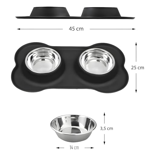 Retoo Doppel Futternapf mit Napfunterlage aus Silikon, Hundenapf Edelstahl 400ml, Rutschfesten Silikon Tablett Matte, Katzennapf, Schüssel Lebensmittel Wassernapf Schwarz