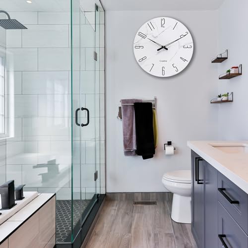 Wall Clock White Marble Theme Modern Decorative Waterproof Glass Clock for Bathroom Kitchen Home, 12 Inch Battery Operated - Image 5
