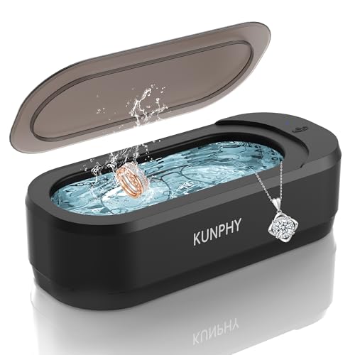 KUNPHY Ultrasonic Jewelry Cleaner | 46KHz Ultrasonic Cleaner Machine with 350ML 304 Stainless Steel Tank | One-Touch Operation for Rings Glasses Necklaces Earrings Dentures