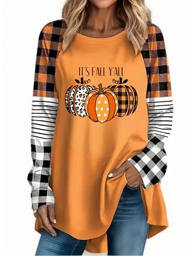 Womens Fall Shirts Plus Size Halloween Shirts Thanksgiving Pumpkin Graphic Tees Tops Halloween Holiday Outfits Clothes for Teen Girls(Orange 4-3XL)