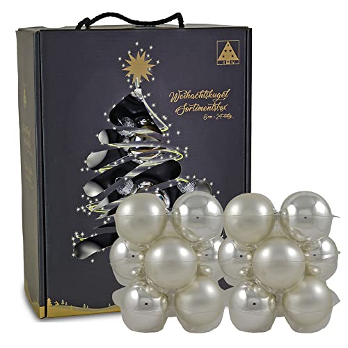 Riffelmacher Glas Weihnachtskugeln im Koffer 26251 | 24 Stück | Ø 6 cm - Silber