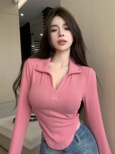 Image of Istyle Can Women's Top Solid Long Sleeve Ribbed Asymmetric Hem Casual T-Shirt with Zipper Collar. Full Sleeve, Rib Knit, Plain, Slim Fit