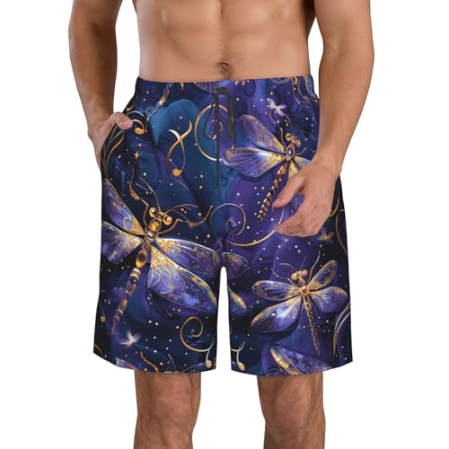 Men's Quick Dry Swim Shorts Dragonfly Glittery Swirls Stars Purple and Gold Beach Trunks with Pockets