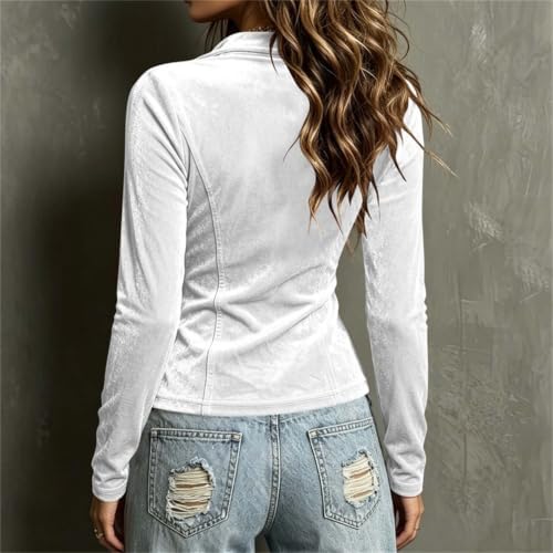 Women's Half Zip Long Sleeve Velvet Tops Slim Fit Casual Shirts White — view 5