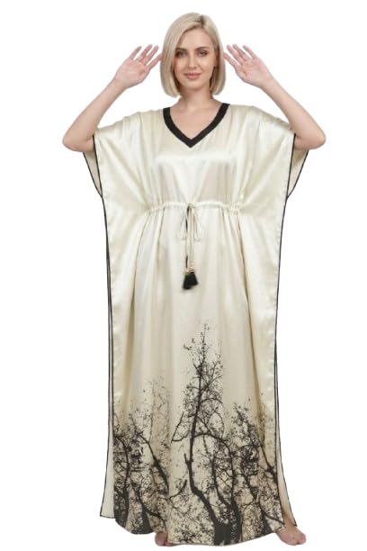 Off White Long Kaftan Dress/Nighty/Digital Tree Print-image-45
