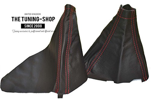 The Tuning-Shop Ltd for Subaru Impreza WRX 2007-12 Shift & E Brake Boot Black Genuine Leather Red Stitching