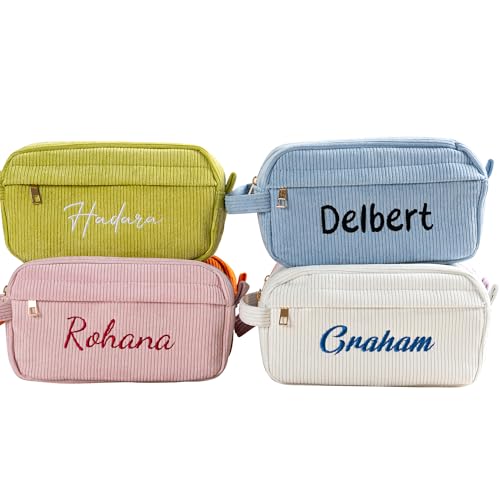 KEMEILA Trousse à Stylos Brodée Personnalisable en Velours Côtelé - Trousse Écriture Adulte 24x8x13.5cm - Organisation Scolaire, Bureau, Créative