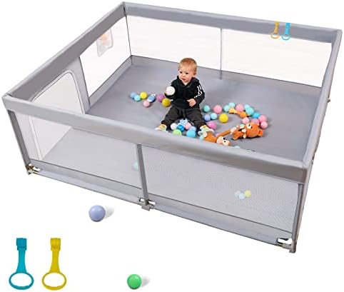 Baby Playpen Palopalo Play Pen for Babies and Toddlers 71”x59” Extra Large Playard Activity Center Soft Mesh Baby Fence Ball Pits Infants Sturdy Safety Area All Wrapped Cushion & Anti-Slip Base, Gray
