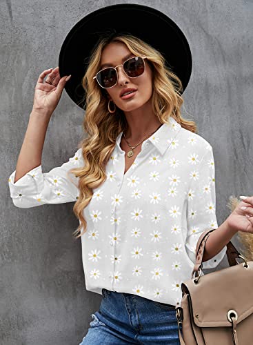 Livonmone Women's Blouse Casual Long Sleeve Shirts V Neck Button Down Basic Loose Tunic Tops (White-2, S) - Image 9