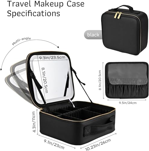 Image of Friza Travel Makeup Case With Led Light Mirror, Waterproof Vanity Bag With 3 Adjustable Color Brightness Cosmetic Bag Train Case Organizer With Adjustable Dividers (Black)