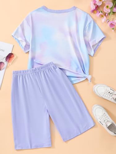 Image of NEW 8-12 Years Girls Summer Outfits 2 Piece Set Trendy Print Top & Stretchy Shorts Casual Playwear